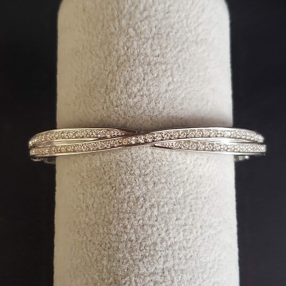 Swarovski Rhodium Plated Crystal Pave Crossover Hinge Bangle Bracelet Swan Logo